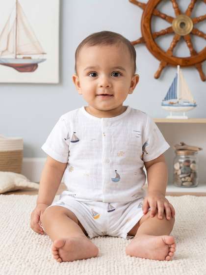 Little Angels Baby Boy
                    White Printed Muslin Shirt & Shorts Set