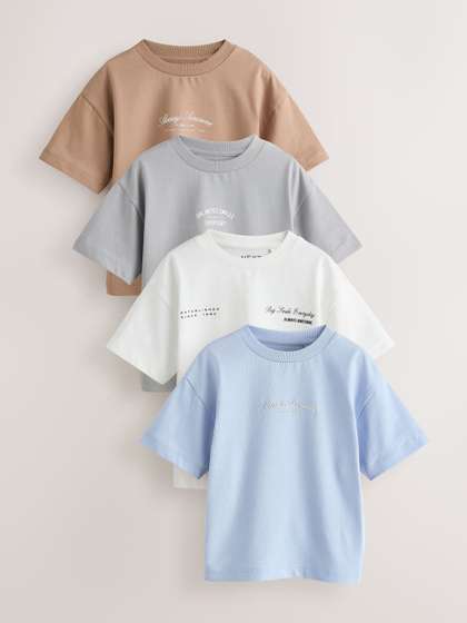 NEXT Pack Of 4
                      Typography Printed Drop-Shoulder Sleeves Pure
                      Cotton T-shirt