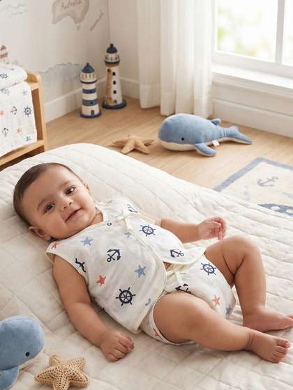 Little Angels Baby Cream
                    Printed Muslin Jhabla & Nappy Set