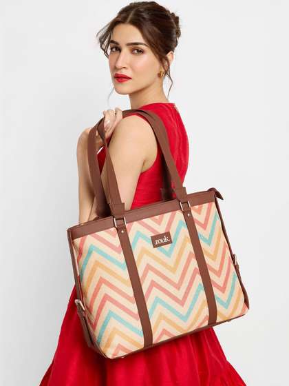 ZOUK Beige Geometric
                        Printed Jute & Leather Structured Laptop
                        Shoulder Tote Bag