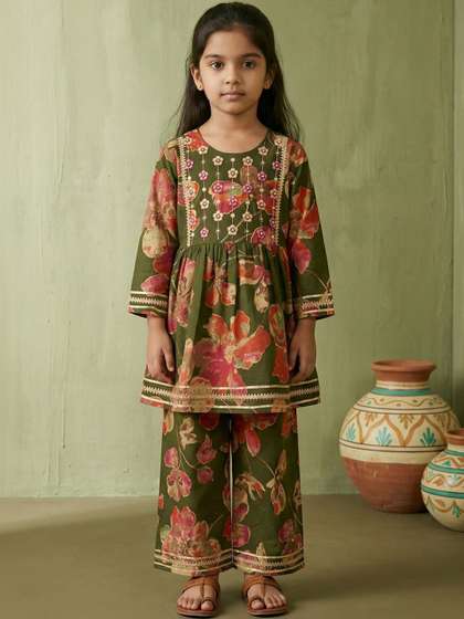 Readiprint Girls Floral
                    Printed Empire Thread Work Pure Cotton Kurti with
                    Palazzos