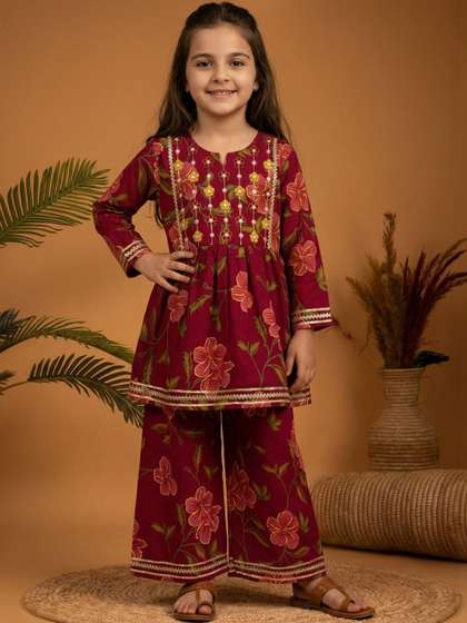 Readiprint Girls Floral
                    Printed Empire Thread Work Pure Cotton Kurta with
                    Palazzos