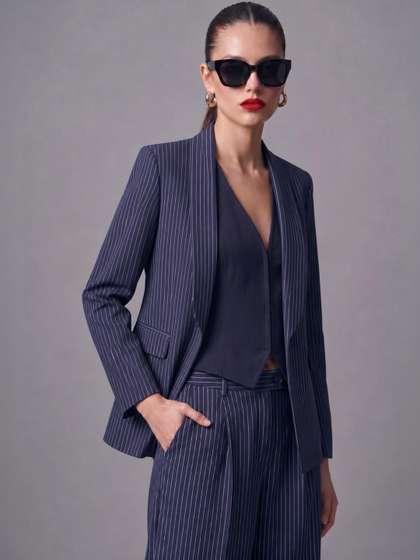 Striped Pure Cotton
                      Shawl Collar Long Sleeves Blazers