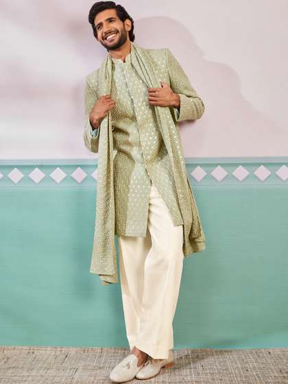 VASTRAMAY
                        Embroidered Mandarin Collar Sherwani Set