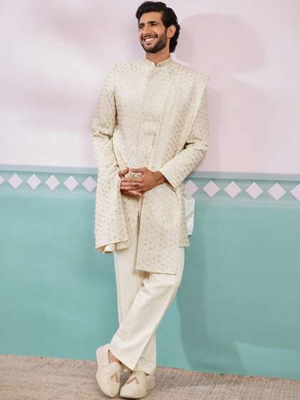 VASTRAMAY
                          Embroidered Mandarin Collar Indo-Western
                          Sherwani Set