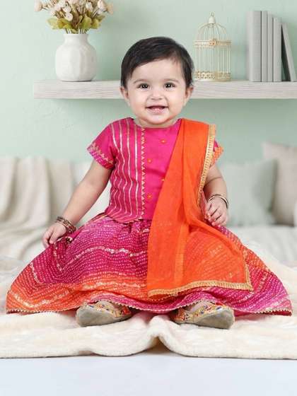 Here&Now X Kinder
                    Kids Girls Embellished Ready to Wear Lehenga &
                    Blouse With Dupatta