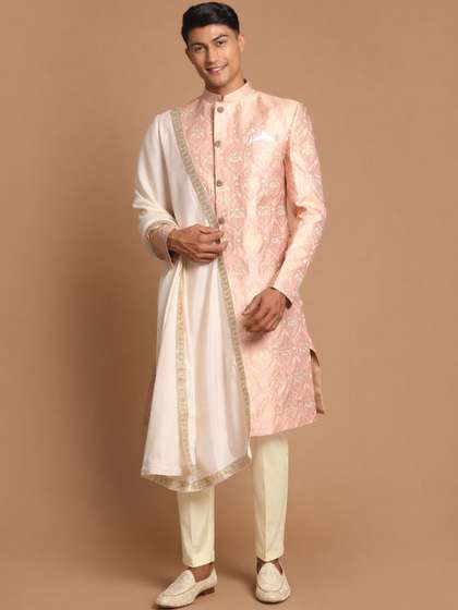 VASTRAMAY Woven
                        Design Mandarin Collar Sherwani Set