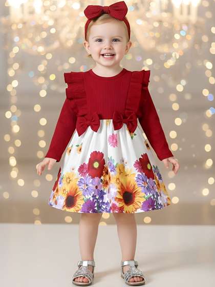 YK Girls Floral Printed
                    Puff Sleeve A-Line Dress