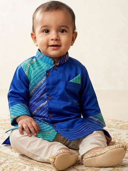 Here&Now X Kinder
                      Kids Boys Ethnic Motifs Printed Pure Cotton Kurta
                      with Trousers