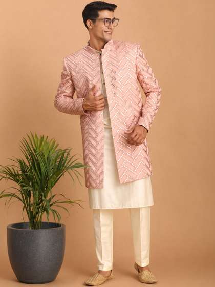 VASTRAMAY
                          Embroidered Mandarin Collar Indo-Western
                          Sherwani Set