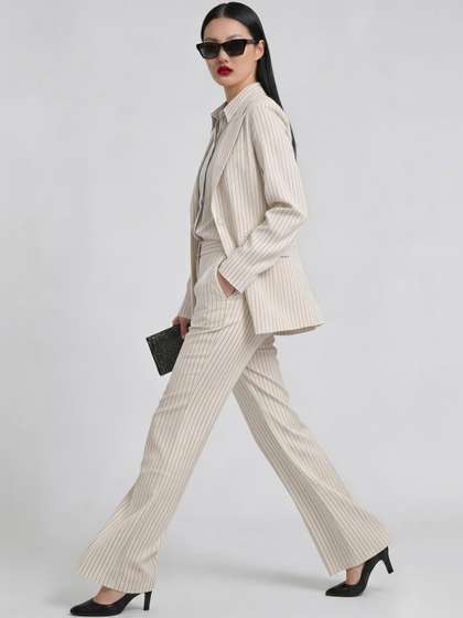Striped Viscose
                          Rayon Notched Lapel Long Sleeves Blazers
