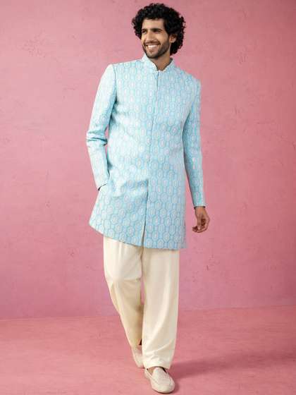 VASTRAMAY Woven
                        Design Mandarin Collar Indo-Western Sherwani
                        Set