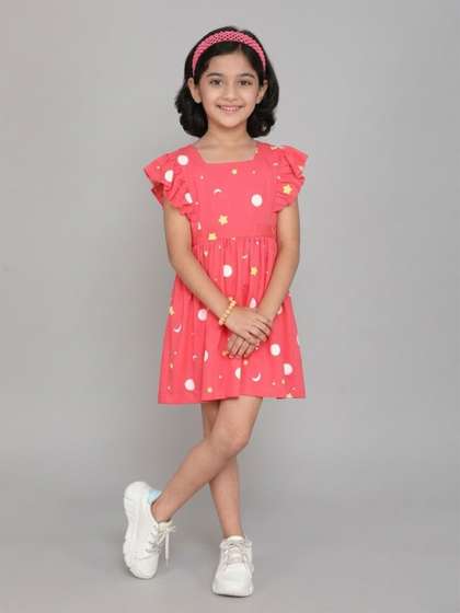 Little Angels Girls
                    Ruffle Sleeve Printed Premium Bio-Washed Cotton
                    Casual Printed Dress