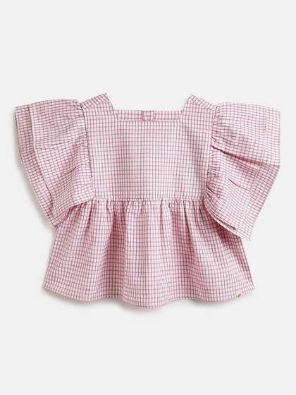 Peach Girls Cotton
                    Checked Flounce Top