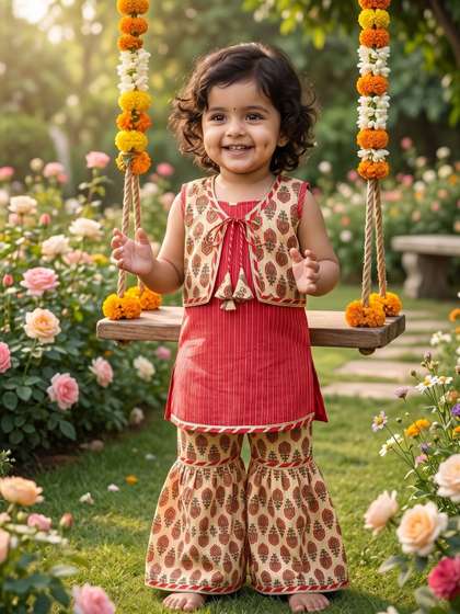 Sangria Girls Printed
                    Pure Cotton Round Neck Kurti & Sharara With
                    Jacket