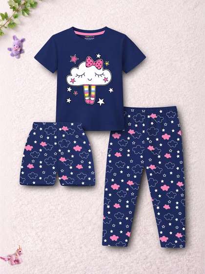 YK X Trampoline
                        Girls Graphic Printed T-shirt With Pyjamas &
                        Shorts