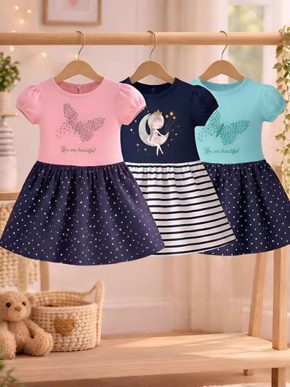CUTE N TIGHT Girls
                      Pack Of 3 Printed Round Neck Knee Length Cotton
                      Dresses