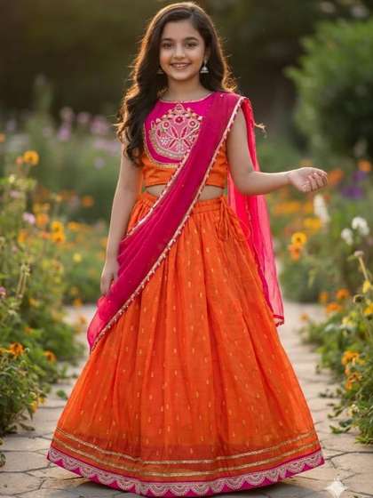 RJ ONLINE Girls
                          Embroidered Thread Work Tie and Dye Lehenga
                          & Blouse With Dupatta