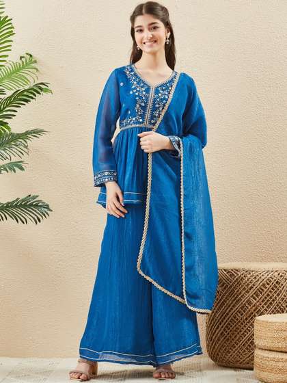 CurlyTales Girls Royal
                      Blue Silk Embroidered Peplum Kurta & Sharara
                      Set With Dupatta