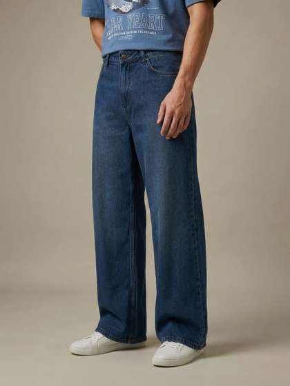 glitchez Men Pure
                        Cotton Wide Leg Mid-Rise Light Fade Jeans