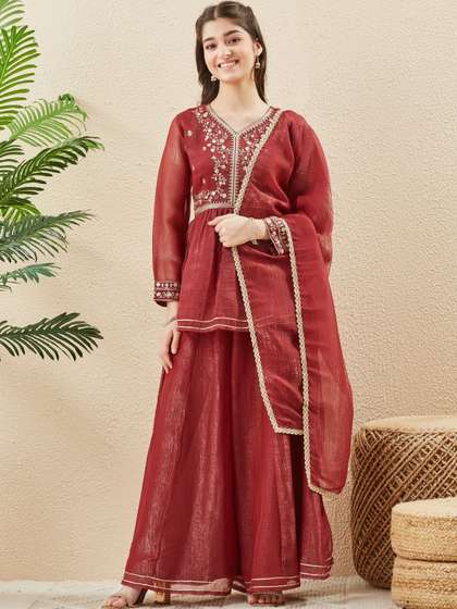 CurlyTales Girls Berry
                    Silk Embroidered Peplum Kurta & Sharara Set With
                    Dupatta