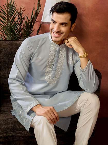 House of Pataudi
                        Embroidered Cotton Mandarin Collar Knee Length
                        Straight Kurtas