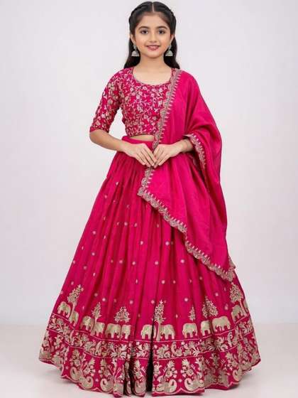 Closin Girls Embroidered
                    Thread Work Semi-Stitched Lehenga & Blouse With
                    Dupatta