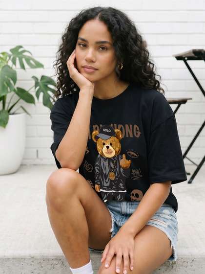 BENNY BROOKS Women
                        Black Pure Cotton Round Neck Half Sleeve
                        Oversized Tshirt