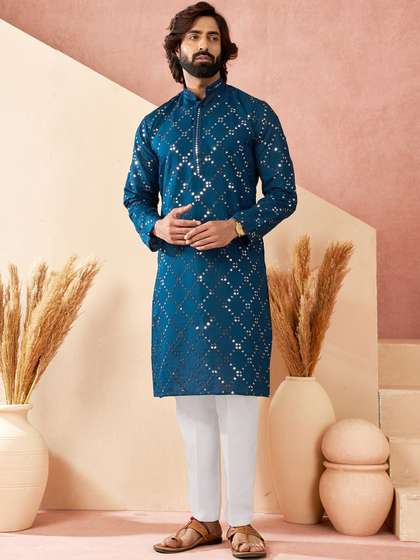 House of Pataudi
                        Embroidered Cotton Mandarin Collar Knee Length
                        Straight Kurta