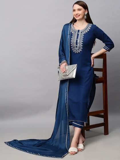 GoSriKi Women Navy Blue Ethnic Motifs Embroidered Thread Work Kurta with Trouser & Dupatta
