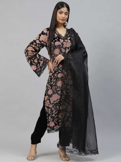Price History of Divena Women Black Floral Printed Velvet Kurta