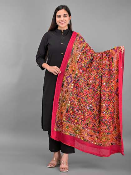 Apratim Women Red
                        & Green Embroidered Cotton Blend Dupatta
                        with Mirror Work