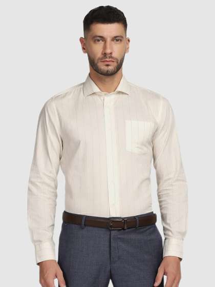 Blackberrys Men White Slim Fit Striped Cotton Formal Shirt