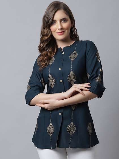 Pistaa Teal Geometric Printed Kurti