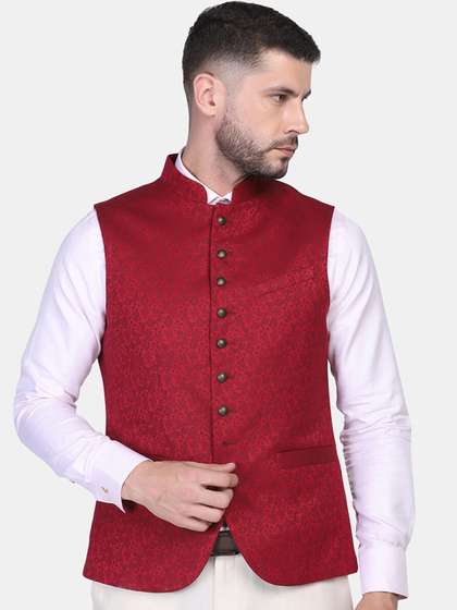 Blackberrys Men Red
                        Woven Design Nehru Jacket