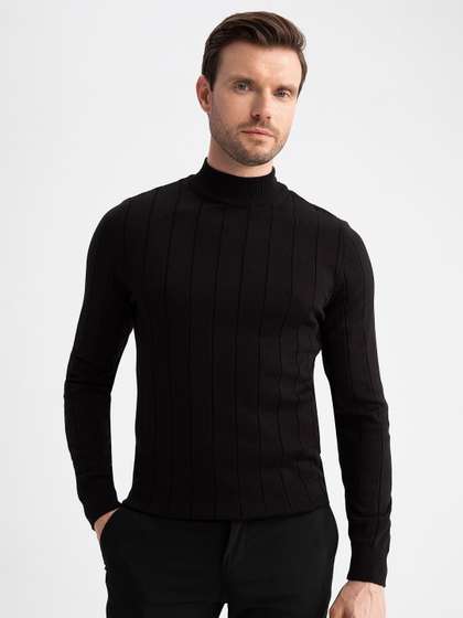 DeFacto Men Black Ribbed Pullover Sweater