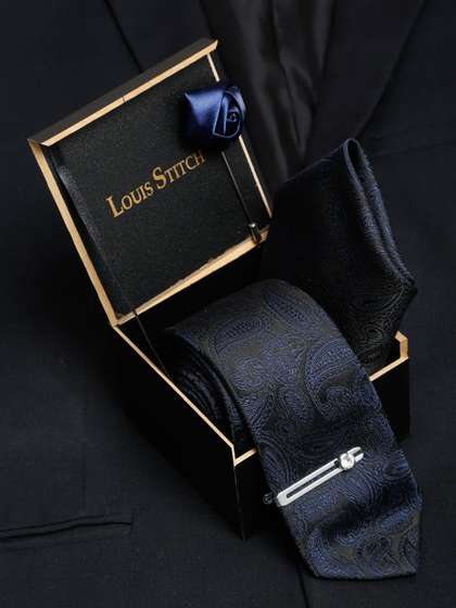 LOUIS STITCH Men Space
                    Blue Italian Silk Necktie Accessory Gift Set
