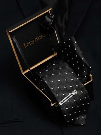 LOUIS STITCH Men's Raven
                    Black Italian Silk Necktie Accessory Gift Set
