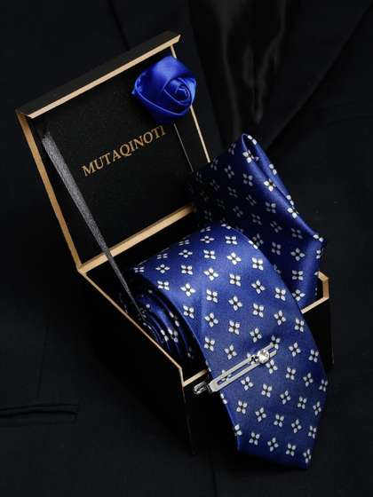 MUTAQINOTI Men Navy Blue
                    & White Printed Polyester Necktie Tie Accessory
                    Gift Set