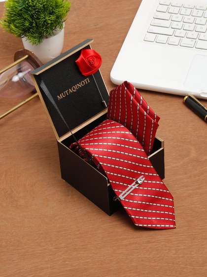 MUTAQINOTI Men Printed
                    Stripes Silk Blend Necktie Accessory Gift Set