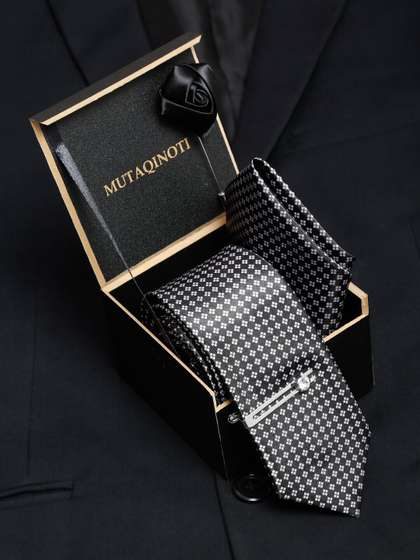 MUTAQINOTI Men FS Black
                    Silk Blend Necktie Accessory Gift Set