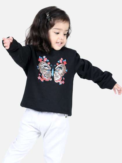 BownBee Girls Black
                    Printed Full Sleeve Sequin Fleece Sweatshirt