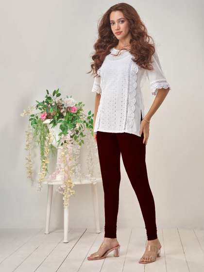 LYRA Women Maroon
                          Solid Churidar-Length Leggings