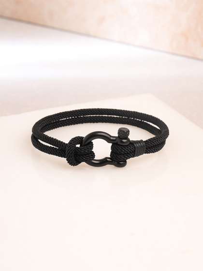 Yellow Chimes Men Black
                    Leather Rope Design Bracelet