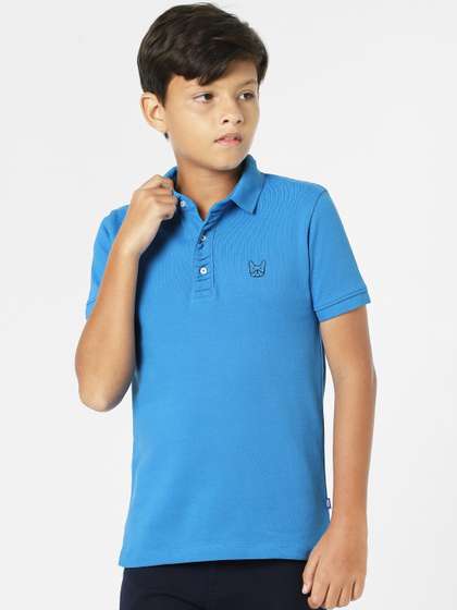 Jack & Jones Junior Boys Blue Solid Polo Collar Slim Fit T-shirt