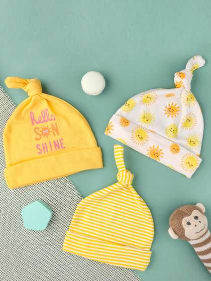KICKS & CRAWL Kids
                    Pack of 3 Yellow & White Printed Cotton Beanie