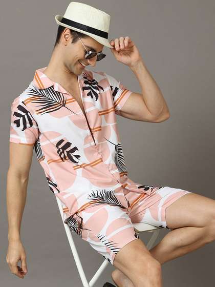 Bushirt Men White
                        & Peach-Coloured Printed Nightsuit