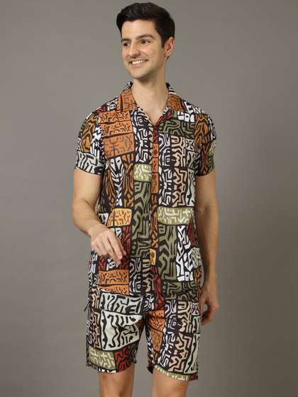 Bushirt Men Black
                        & Brown Printed Nightsuit