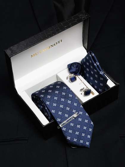 MUTAQINOTI Men Floral
                    Dark Blue Silk Necktie Accessory Gift Set