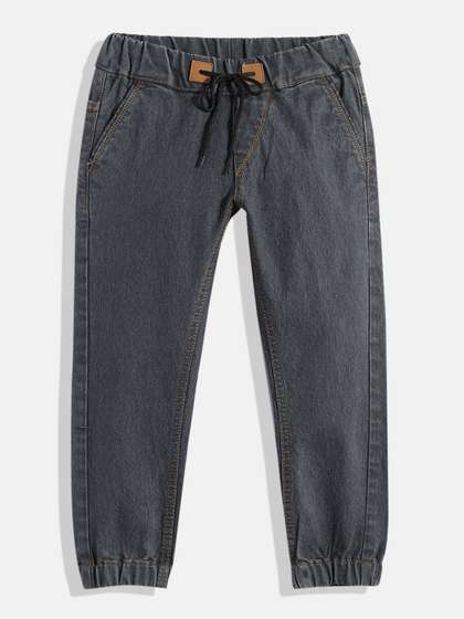 Urbano Juniors Boys
                    Charcoal Grey Solid Slim Fit Denim Joggers